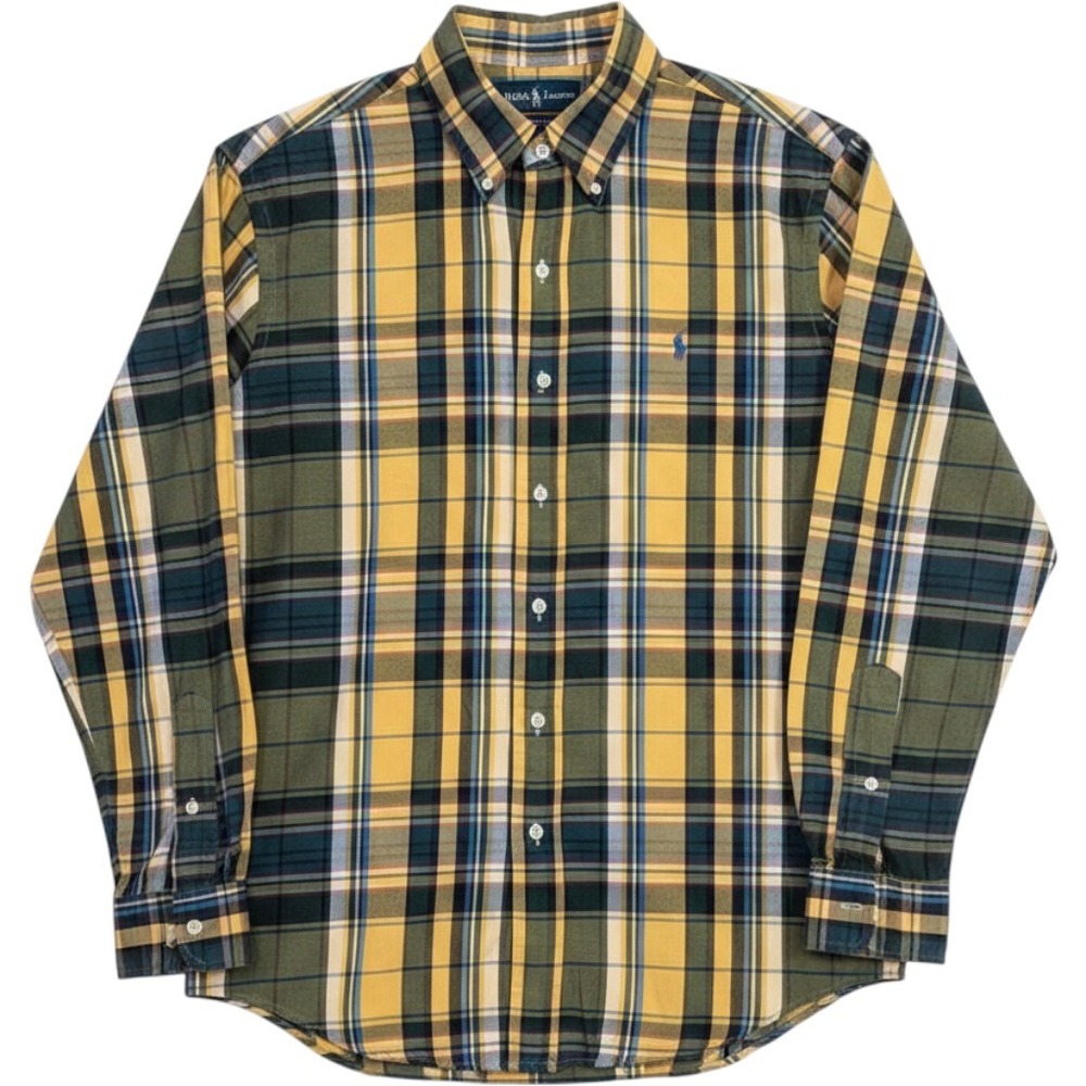 Ralph Lauren Custom Fit Plaid Button Down Shirt Green Yellow Blue Mens Large